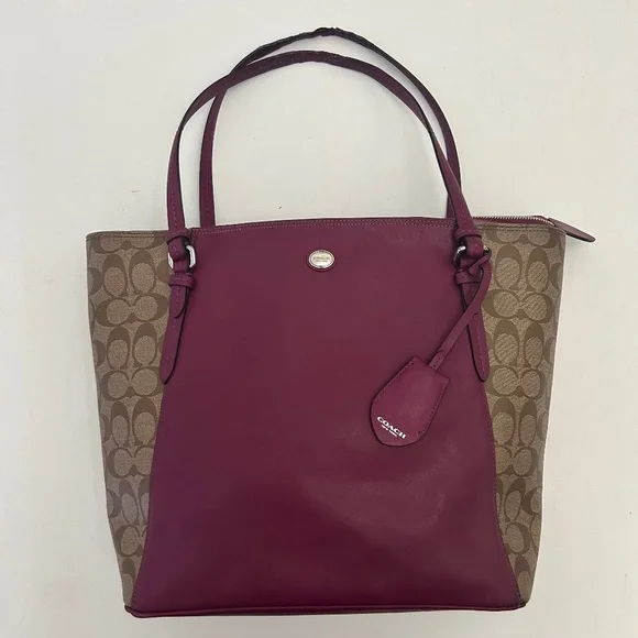 Coach Peyton Leather Zip Top Tote Berry w/ contrasting Signature “C” side panels - Picture 1 of 14